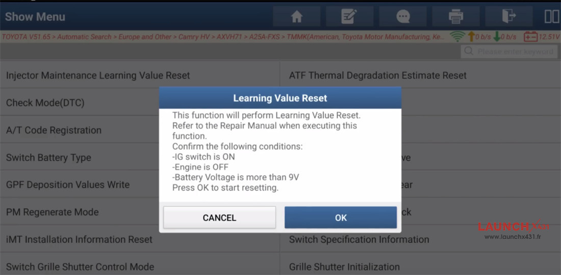launch x431 reset camry hv learning value 9