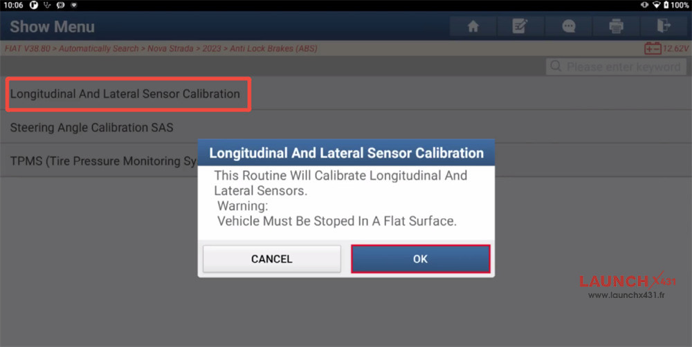 launch x431 calibrate fiat longitudinal and lateral sensor 10