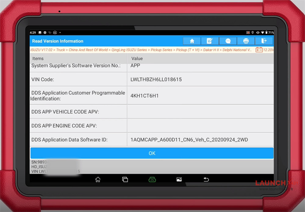 x431 pad5 link hd write isuzu taga vin code 3
