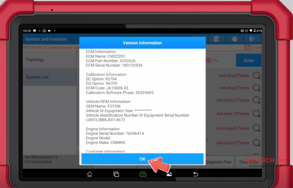 launch x431 pad5 link hd check foton engine state 4